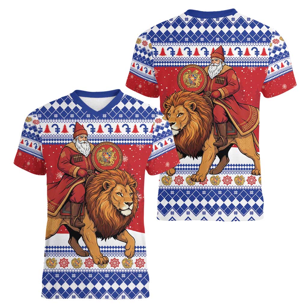 Armenia Christmas Women V-Neck T-Shirt Santa Riding Lion - Wonder Print Shop