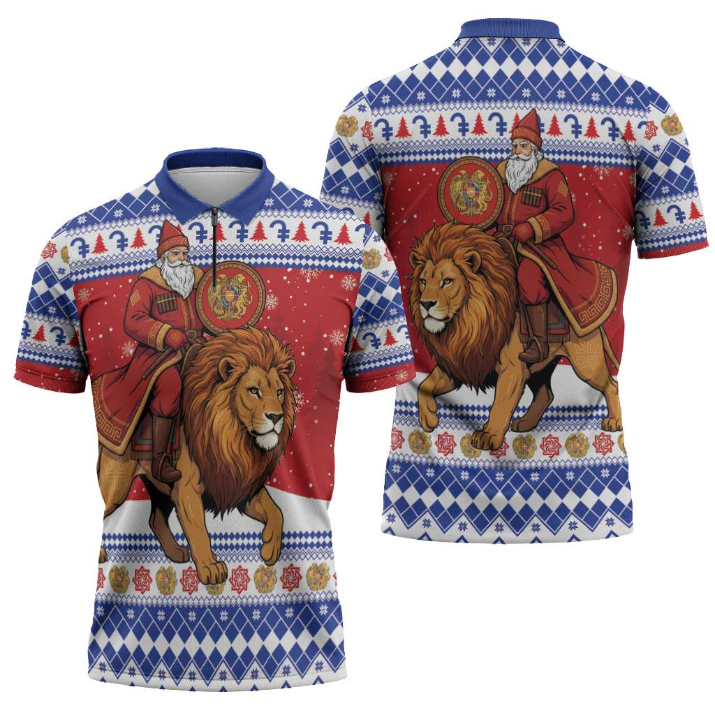 Armenia Christmas Zipper Polo Shirt Santa Riding Lion - Wonder Print Shop