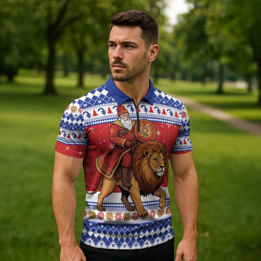 Armenia Christmas Zipper Polo Shirt Santa Riding Lion - Wonder Print Shop