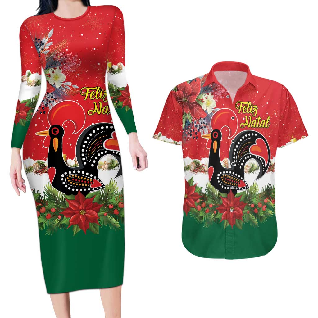 Portugal Christmas Couples Matching Long Sleeve Bodycon Dress and Hawaiian Shirt Rooster of Barcelos Christmas Lightning Art - Wonder Print Shop
