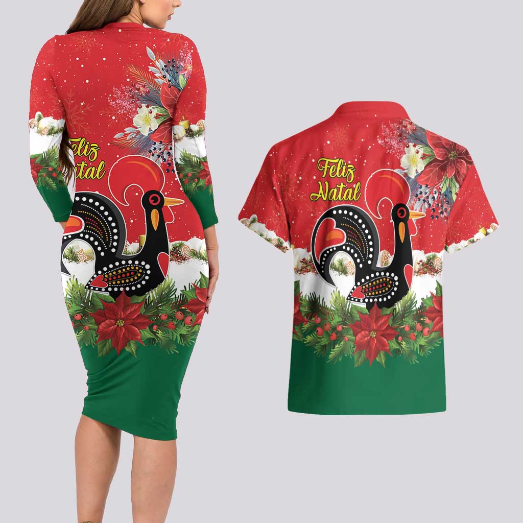 Portugal Christmas Couples Matching Long Sleeve Bodycon Dress and Hawaiian Shirt Rooster of Barcelos Christmas Lightning Art - Wonder Print Shop