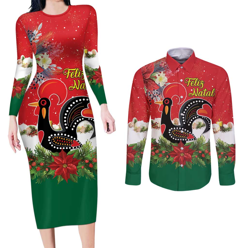 Portugal Christmas Couples Matching Long Sleeve Bodycon Dress and Long Sleeve Button Shirt Rooster of Barcelos Christmas Lightning Art - Wonder Print Shop