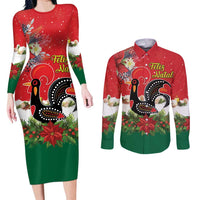 Portugal Christmas Couples Matching Long Sleeve Bodycon Dress and Long Sleeve Button Shirt Rooster of Barcelos Christmas Lightning Art - Wonder Print Shop