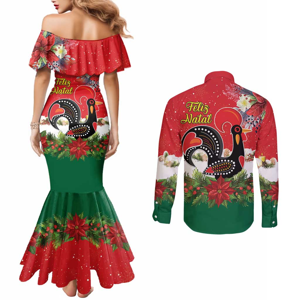 Portugal Christmas Couples Matching Mermaid Dress and Long Sleeve Button Shirt Rooster of Barcelos Christmas Lightning Art - Wonder Print Shop