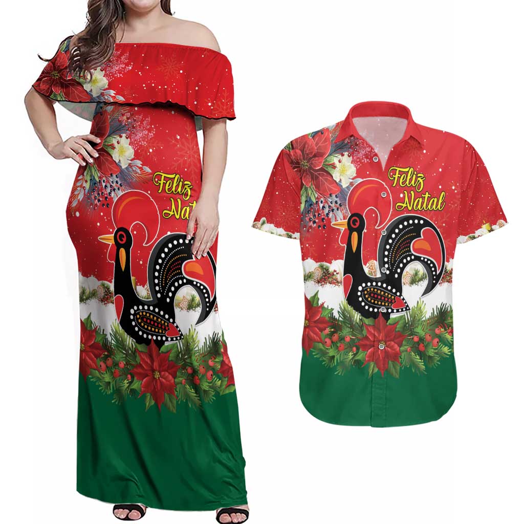 Portugal Christmas Couples Matching Off Shoulder Maxi Dress and Hawaiian Shirt Rooster of Barcelos Christmas Lightning Art - Wonder Print Shop