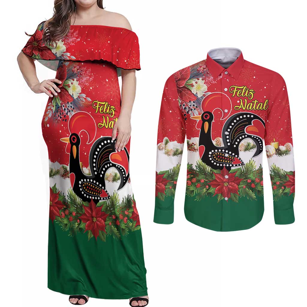 Portugal Christmas Couples Matching Off Shoulder Maxi Dress and Long Sleeve Button Shirt Rooster of Barcelos Christmas Lightning Art - Wonder Print Shop