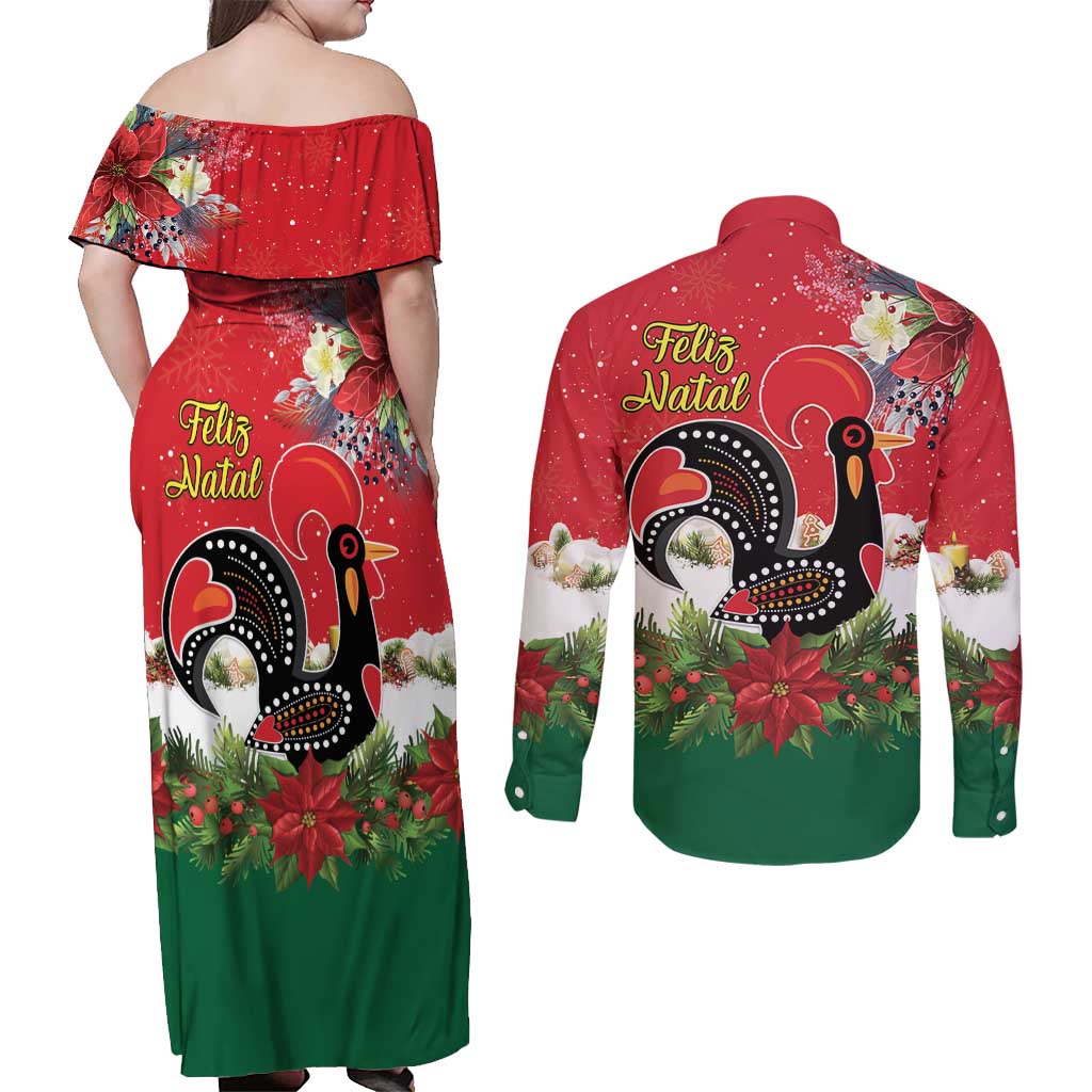 Portugal Christmas Couples Matching Off Shoulder Maxi Dress and Long Sleeve Button Shirt Rooster of Barcelos Christmas Lightning Art - Wonder Print Shop