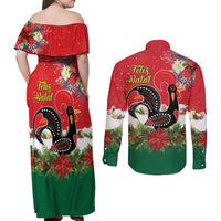 Portugal Christmas Couples Matching Off Shoulder Maxi Dress and Long Sleeve Button Shirt Rooster of Barcelos Christmas Lightning Art - Wonder Print Shop