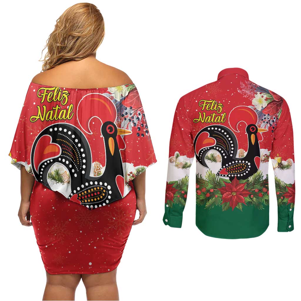 Portugal Christmas Couples Matching Off Shoulder Short Dress and Long Sleeve Button Shirt Rooster of Barcelos Christmas Lightning Art - Wonder Print Shop