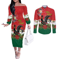 Portugal Christmas Couples Matching Off The Shoulder Long Sleeve Dress and Long Sleeve Button Shirt Rooster of Barcelos Christmas Lightning Art - Wonder Print Shop