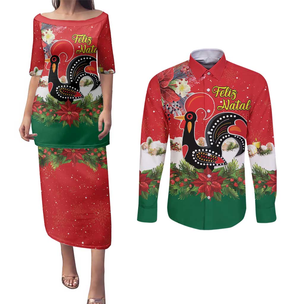 Portugal Christmas Couples Matching Puletasi and Long Sleeve Button Shirt Rooster of Barcelos Christmas Lightning Art - Wonder Print Shop