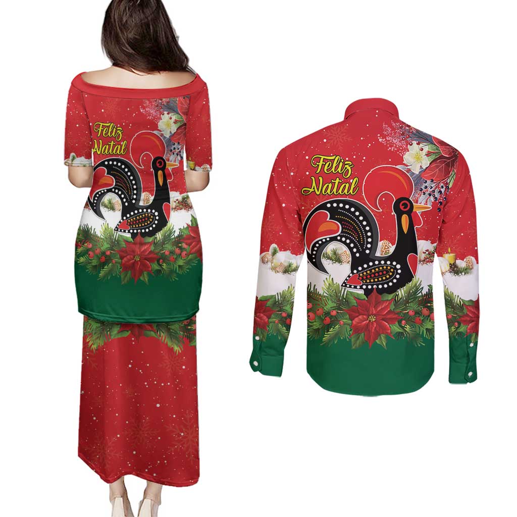 Portugal Christmas Couples Matching Puletasi and Long Sleeve Button Shirt Rooster of Barcelos Christmas Lightning Art - Wonder Print Shop