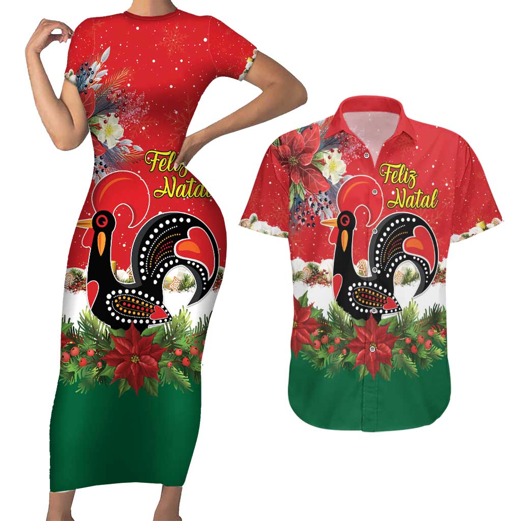 Portugal Christmas Couples Matching Short Sleeve Bodycon Dress and Hawaiian Shirt Rooster of Barcelos Christmas Lightning Art - Wonder Print Shop