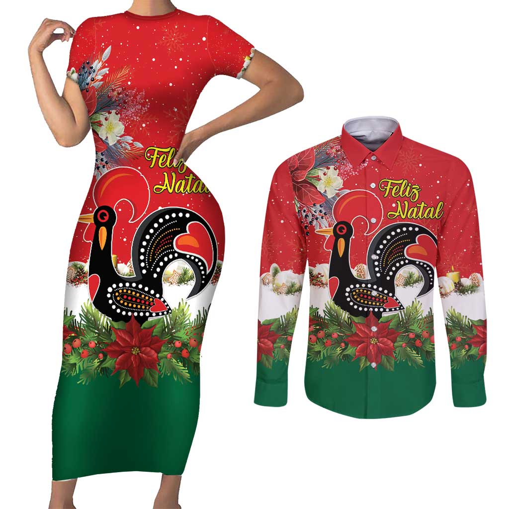 Portugal Christmas Couples Matching Short Sleeve Bodycon Dress and Long Sleeve Button Shirt Rooster of Barcelos Christmas Lightning Art - Wonder Print Shop
