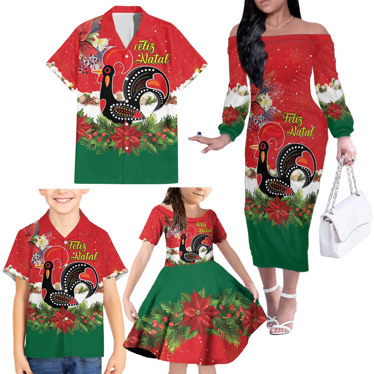Portugal Christmas Family Matching Off The Shoulder Long Sleeve Dress and Hawaiian Shirt Rooster of Barcelos Christmas Lightning Art - Wonder Print Shop