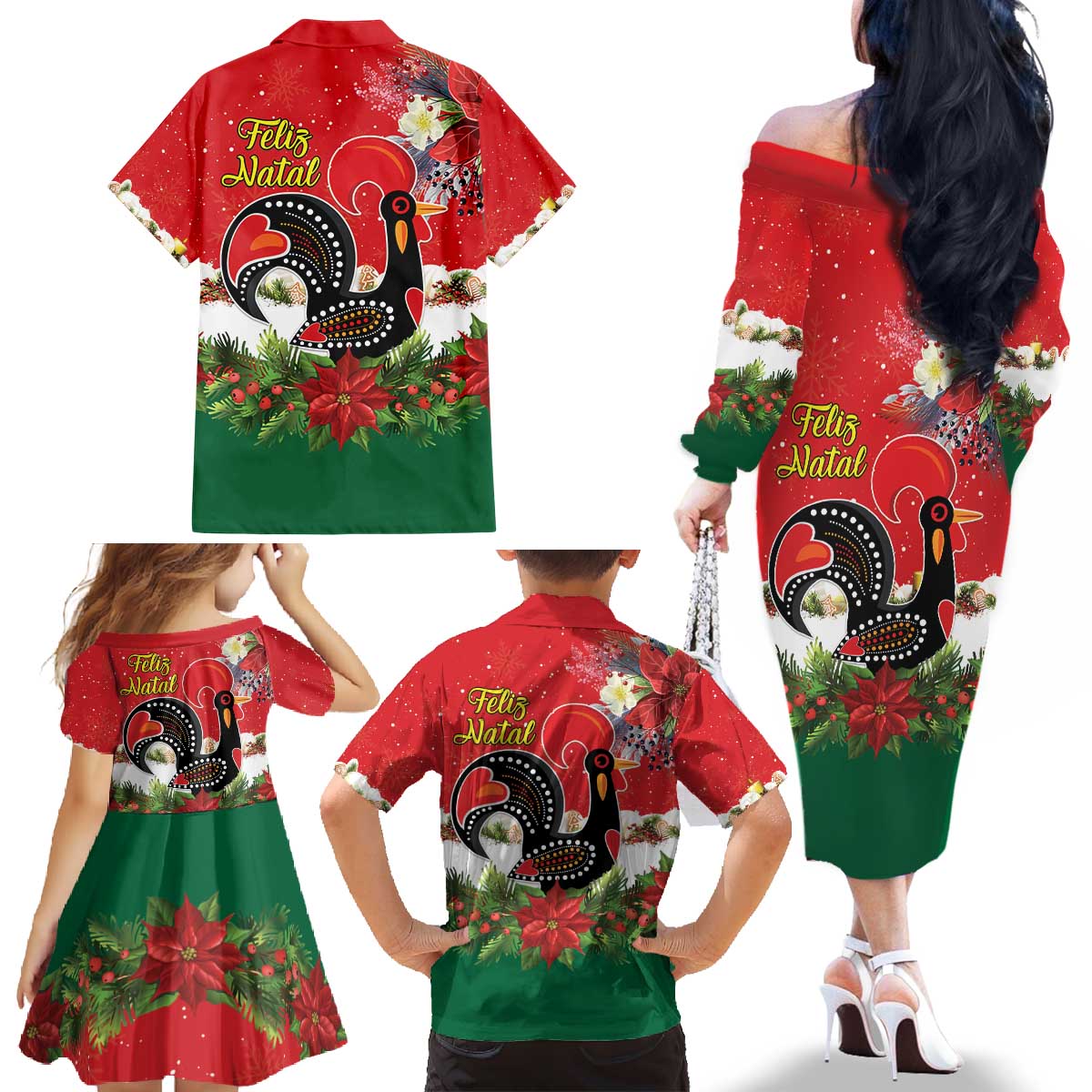 Portugal Christmas Family Matching Off The Shoulder Long Sleeve Dress and Hawaiian Shirt Rooster of Barcelos Christmas Lightning Art - Wonder Print Shop