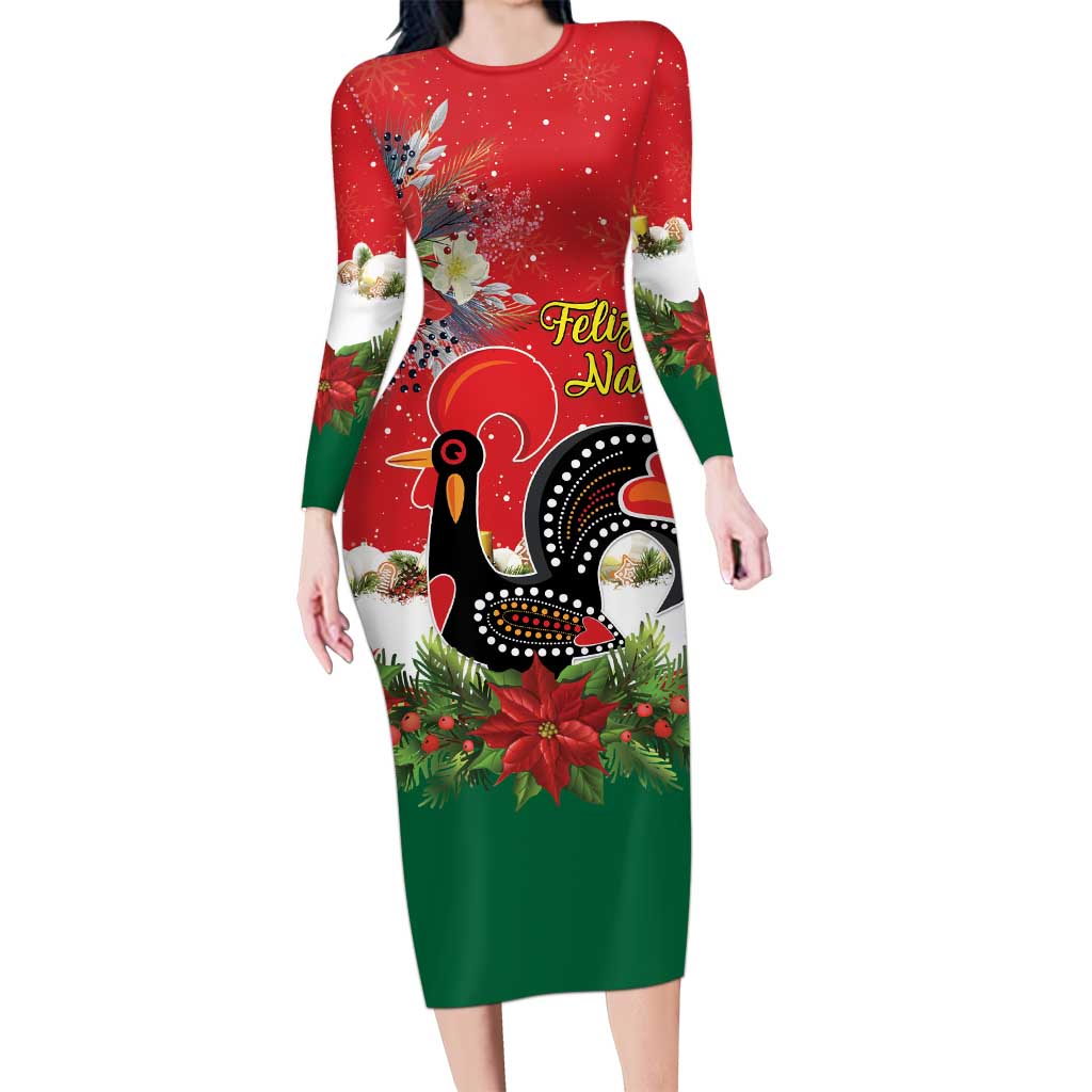Portugal Christmas Long Sleeve Bodycon Dress Rooster of Barcelos Christmas Lightning Art - Wonder Print Shop