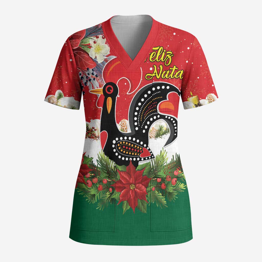 Portugal Christmas Scrub Top Rooster of Barcelos Christmas Lightning Art - Wonder Print Shop
