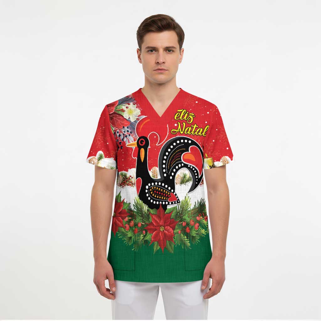 Portugal Christmas Scrub Top Rooster of Barcelos Christmas Lightning Art - Wonder Print Shop