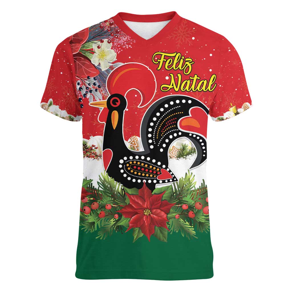 Portugal Christmas Women V-Neck T-Shirt Rooster of Barcelos Christmas Lightning Art - Wonder Print Shop