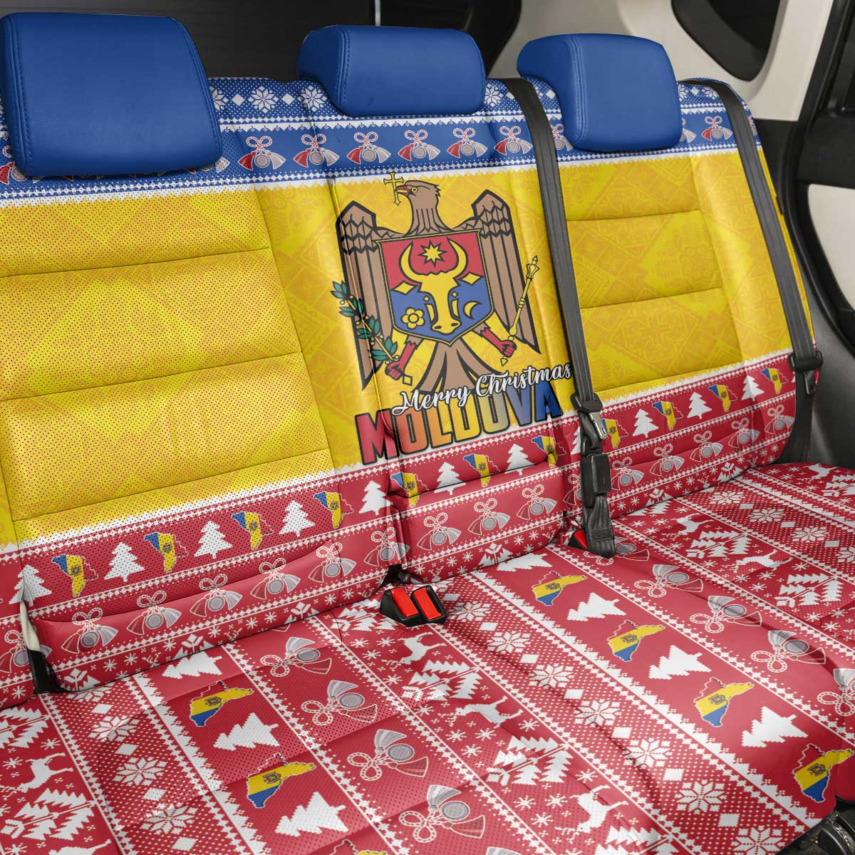 Moldova Christmas Back Car Seat Cover Coat Of Arms Craciun fericit - Wonder Print Shop
