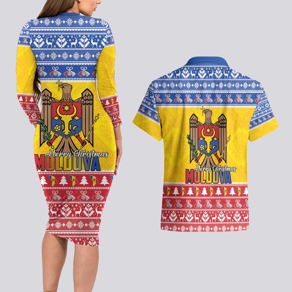 Moldova Christmas Couples Matching Long Sleeve Bodycon Dress and Hawaiian Shirt Coat Of Arms Craciun fericit - Wonder Print Shop