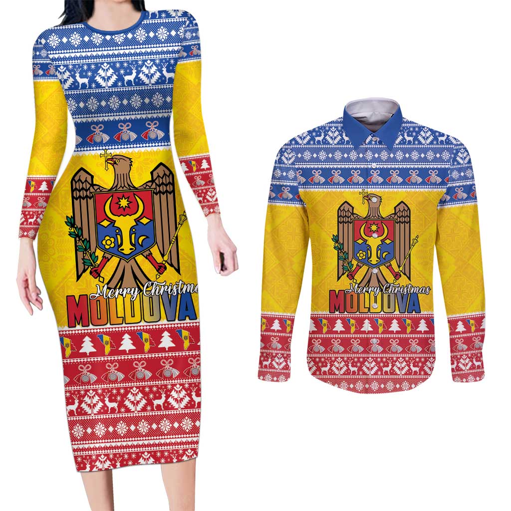 Moldova Christmas Couples Matching Long Sleeve Bodycon Dress and Long Sleeve Button Shirt Coat Of Arms Craciun fericit - Wonder Print Shop