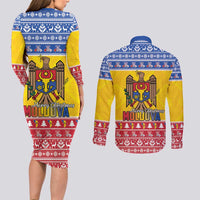 Moldova Christmas Couples Matching Long Sleeve Bodycon Dress and Long Sleeve Button Shirt Coat Of Arms Craciun fericit - Wonder Print Shop