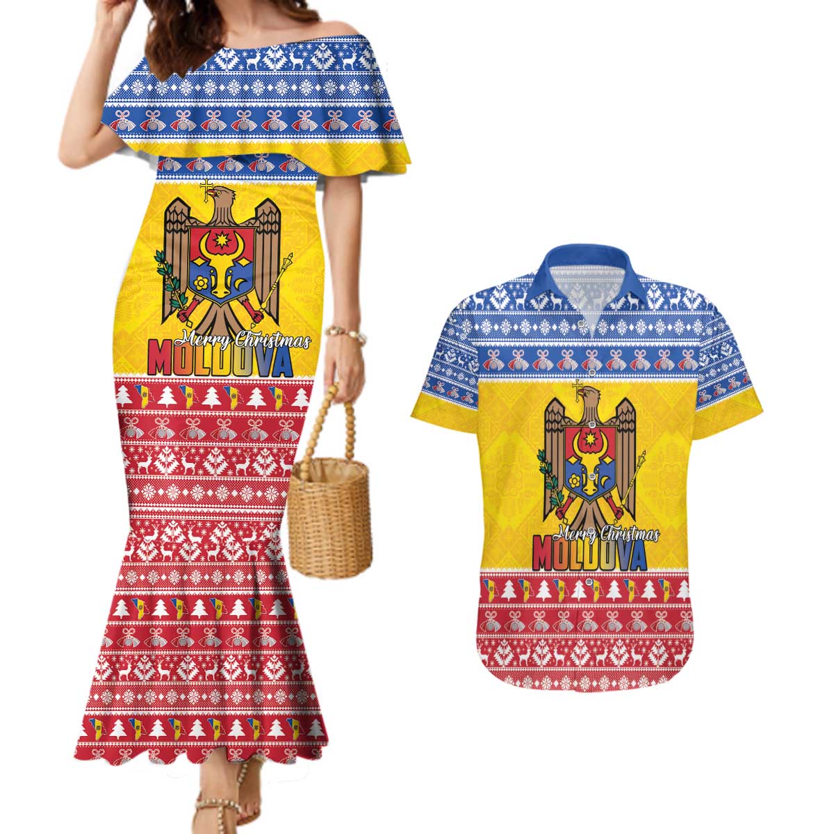 Moldova Christmas Couples Matching Mermaid Dress and Hawaiian Shirt Coat Of Arms Craciun fericit - Wonder Print Shop