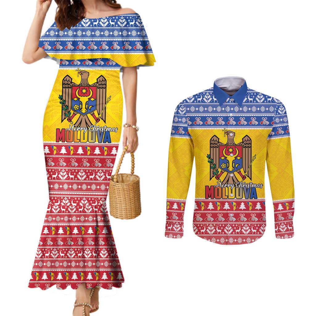 Moldova Christmas Couples Matching Mermaid Dress and Long Sleeve Button Shirt Coat Of Arms Craciun fericit - Wonder Print Shop