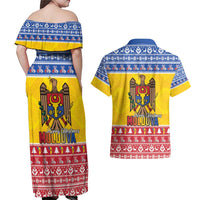 Moldova Christmas Couples Matching Off Shoulder Maxi Dress and Hawaiian Shirt Coat Of Arms Craciun fericit - Wonder Print Shop