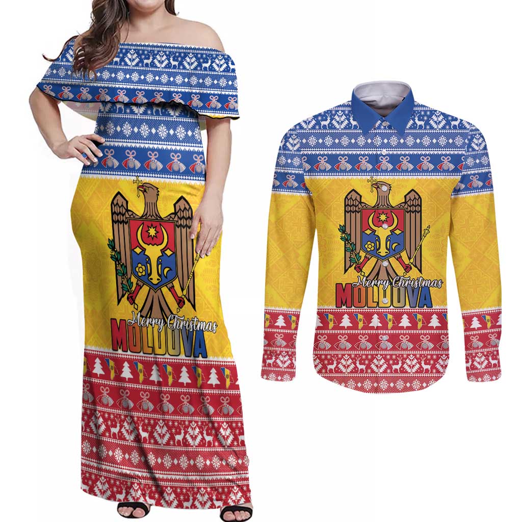 Moldova Christmas Couples Matching Off Shoulder Maxi Dress and Long Sleeve Button Shirt Coat Of Arms Craciun fericit - Wonder Print Shop