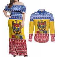 Moldova Christmas Couples Matching Off Shoulder Maxi Dress and Long Sleeve Button Shirt Coat Of Arms Craciun fericit - Wonder Print Shop