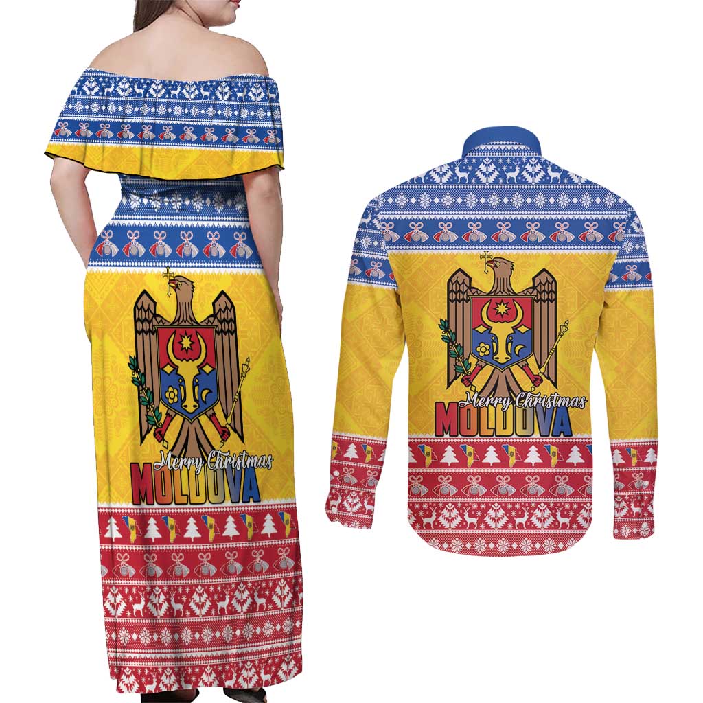 Moldova Christmas Couples Matching Off Shoulder Maxi Dress and Long Sleeve Button Shirt Coat Of Arms Craciun fericit - Wonder Print Shop