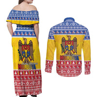 Moldova Christmas Couples Matching Off Shoulder Maxi Dress and Long Sleeve Button Shirt Coat Of Arms Craciun fericit - Wonder Print Shop