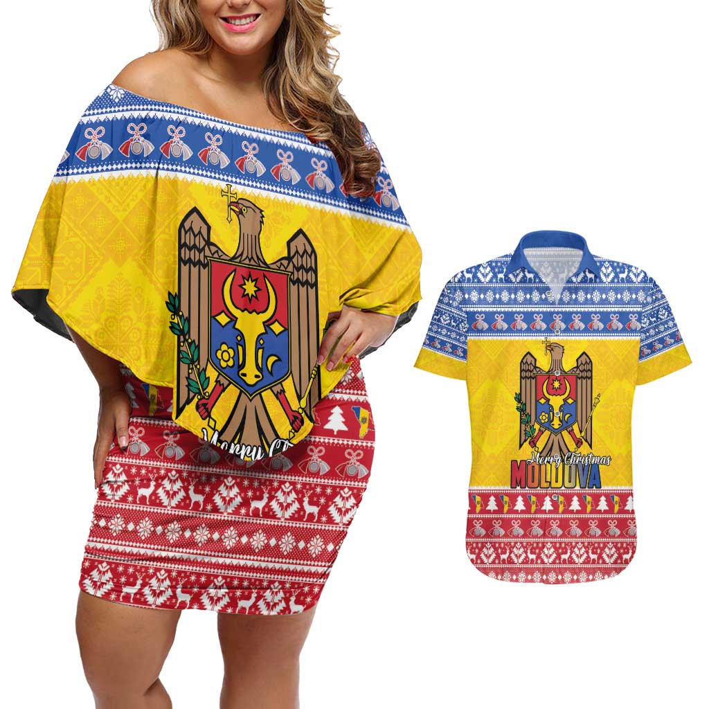 Moldova Christmas Couples Matching Off Shoulder Short Dress and Hawaiian Shirt Coat Of Arms Craciun fericit - Wonder Print Shop
