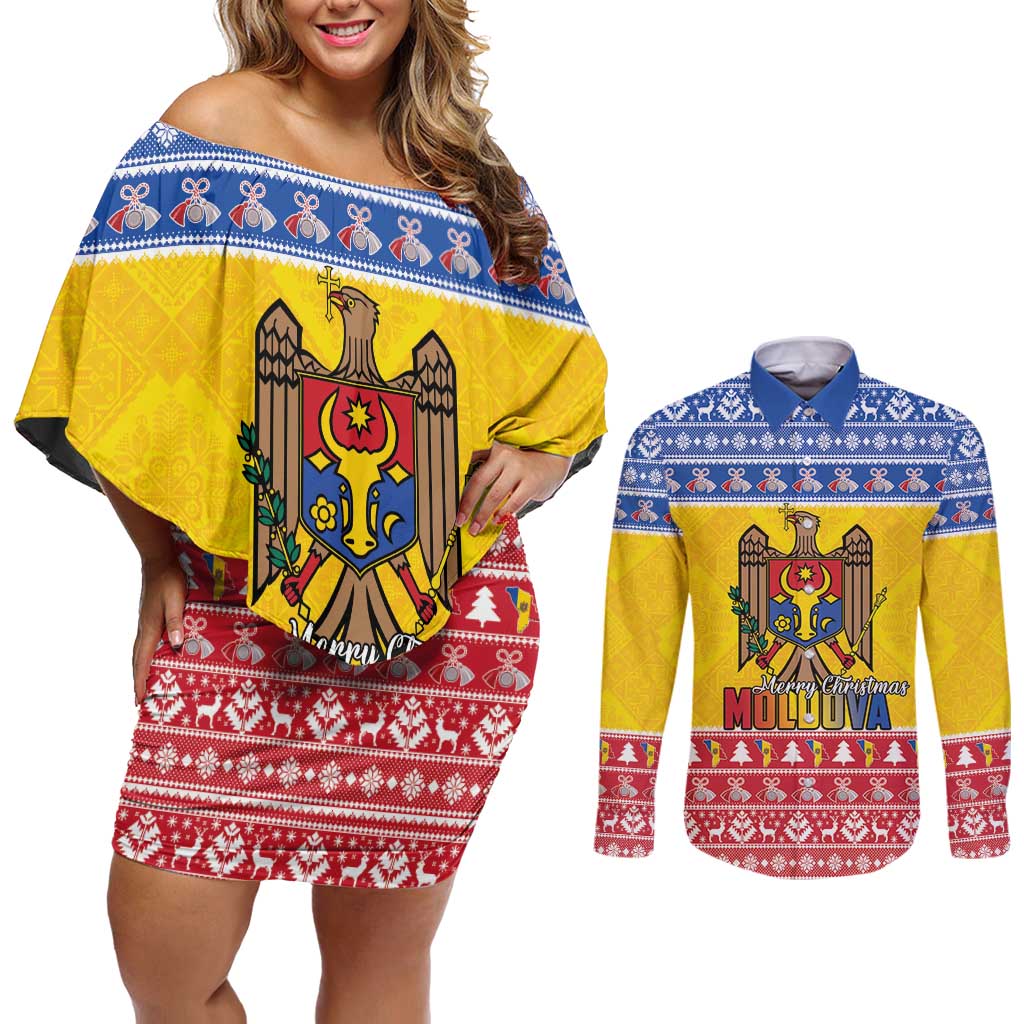 Moldova Christmas Couples Matching Off Shoulder Short Dress and Long Sleeve Button Shirt Coat Of Arms Craciun fericit - Wonder Print Shop