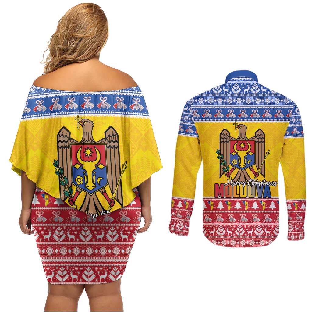 Moldova Christmas Couples Matching Off Shoulder Short Dress and Long Sleeve Button Shirt Coat Of Arms Craciun fericit - Wonder Print Shop