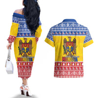 Moldova Christmas Couples Matching Off The Shoulder Long Sleeve Dress and Hawaiian Shirt Coat Of Arms Craciun fericit - Wonder Print Shop