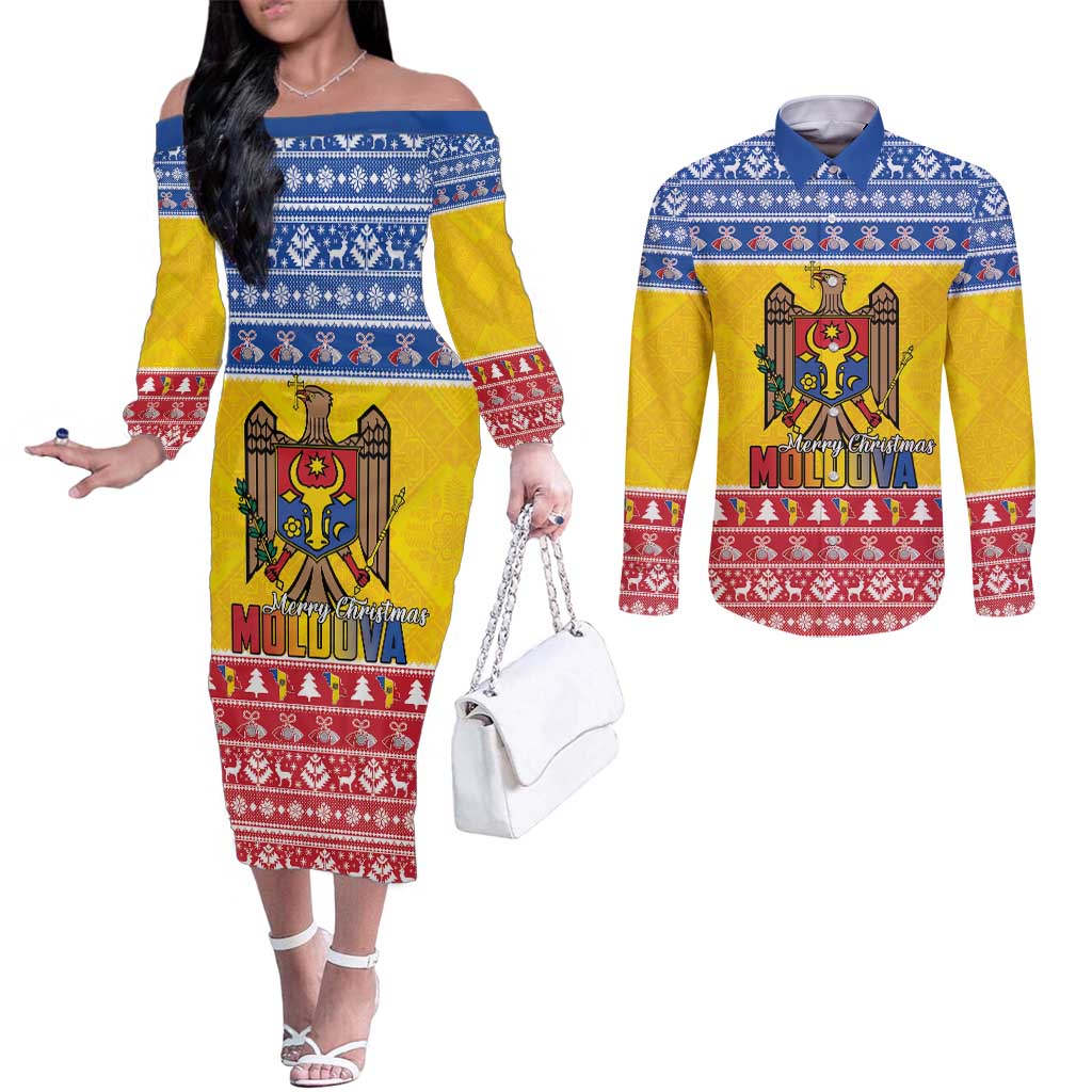 Moldova Christmas Couples Matching Off The Shoulder Long Sleeve Dress and Long Sleeve Button Shirt Coat Of Arms Craciun fericit - Wonder Print Shop