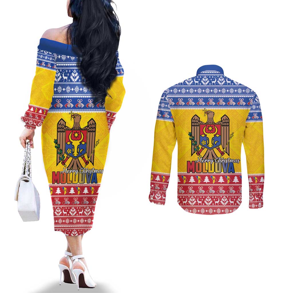 Moldova Christmas Couples Matching Off The Shoulder Long Sleeve Dress and Long Sleeve Button Shirt Coat Of Arms Craciun fericit - Wonder Print Shop