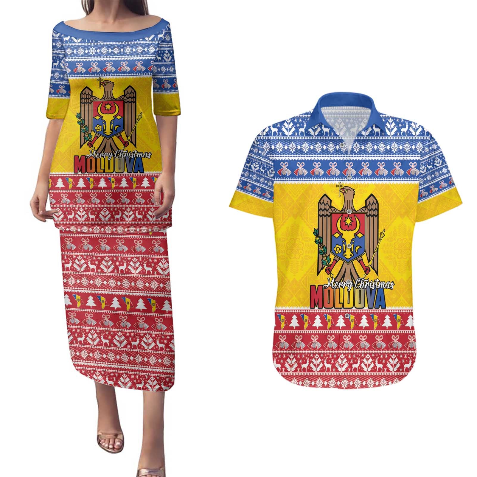 Moldova Christmas Couples Matching Puletasi and Hawaiian Shirt Coat Of Arms Craciun fericit - Wonder Print Shop