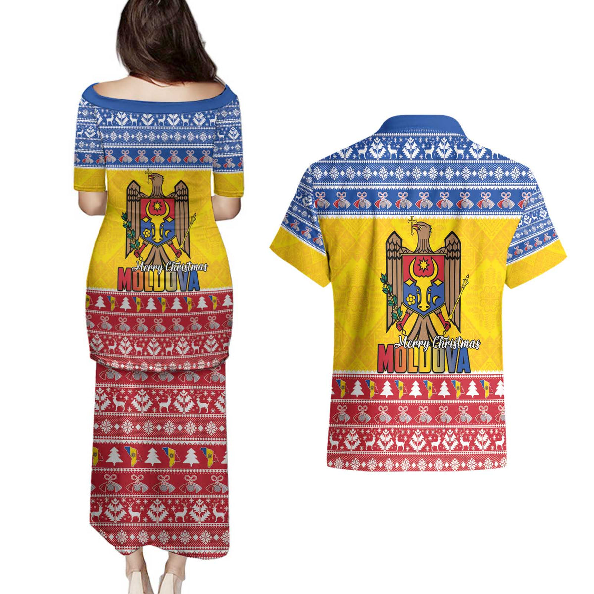 Moldova Christmas Couples Matching Puletasi and Hawaiian Shirt Coat Of Arms Craciun fericit - Wonder Print Shop