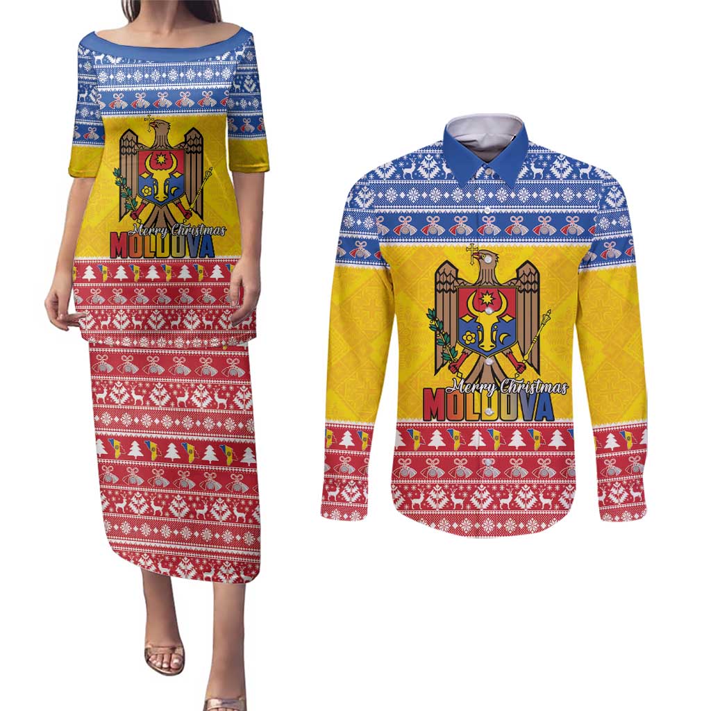 Moldova Christmas Couples Matching Puletasi and Long Sleeve Button Shirt Coat Of Arms Craciun fericit - Wonder Print Shop