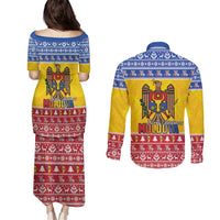 Moldova Christmas Couples Matching Puletasi and Long Sleeve Button Shirt Coat Of Arms Craciun fericit - Wonder Print Shop