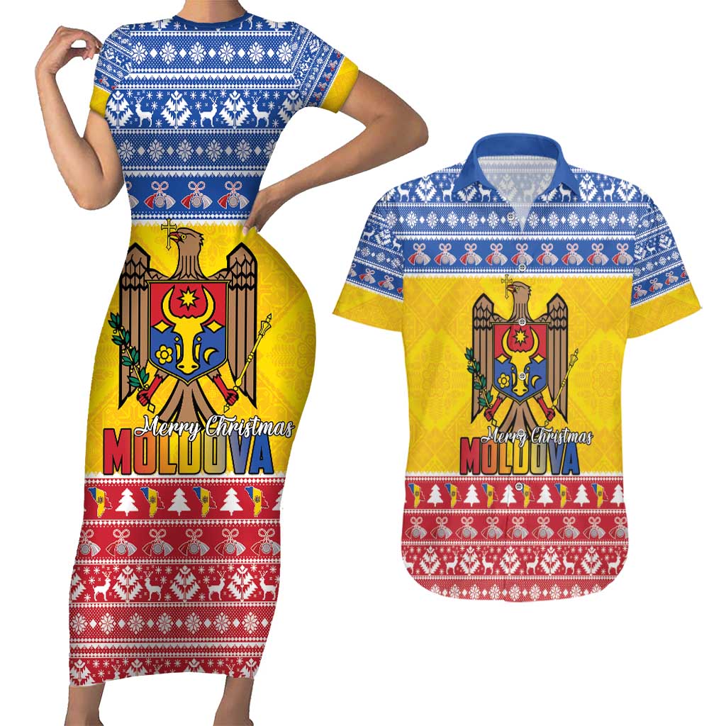 Moldova Christmas Couples Matching Short Sleeve Bodycon Dress and Hawaiian Shirt Coat Of Arms Craciun fericit - Wonder Print Shop