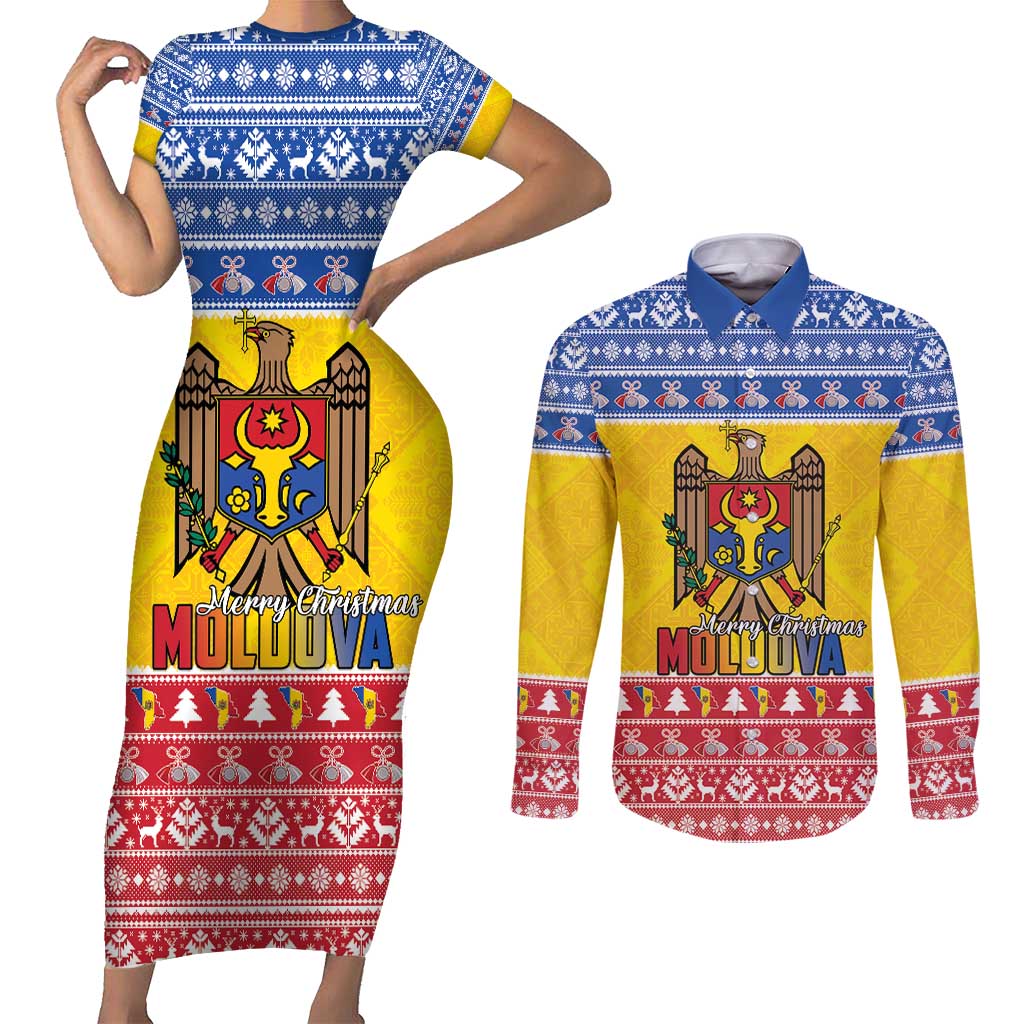 Moldova Christmas Couples Matching Short Sleeve Bodycon Dress and Long Sleeve Button Shirt Coat Of Arms Craciun fericit - Wonder Print Shop