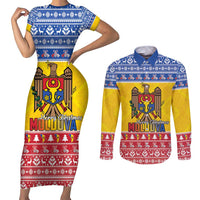 Moldova Christmas Couples Matching Short Sleeve Bodycon Dress and Long Sleeve Button Shirt Coat Of Arms Craciun fericit - Wonder Print Shop