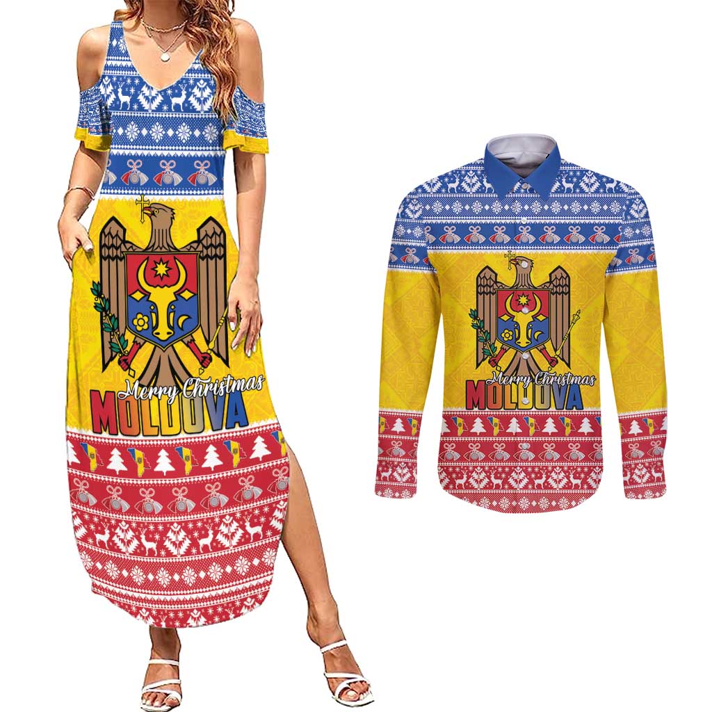 Moldova Christmas Couples Matching Summer Maxi Dress and Long Sleeve Button Shirt Coat Of Arms Craciun fericit - Wonder Print Shop