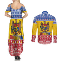 Moldova Christmas Couples Matching Summer Maxi Dress and Long Sleeve Button Shirt Coat Of Arms Craciun fericit - Wonder Print Shop